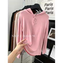 2024秋冬/半门襟纽扣羊绒连帽打底衫女简约修身显瘦内搭长袖T恤潮