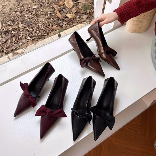 Black Small Leather Shoes New French Evening Wind Belt Buckle Bowknot Pointed Toe Thin Heel Elegant Women's Shoes