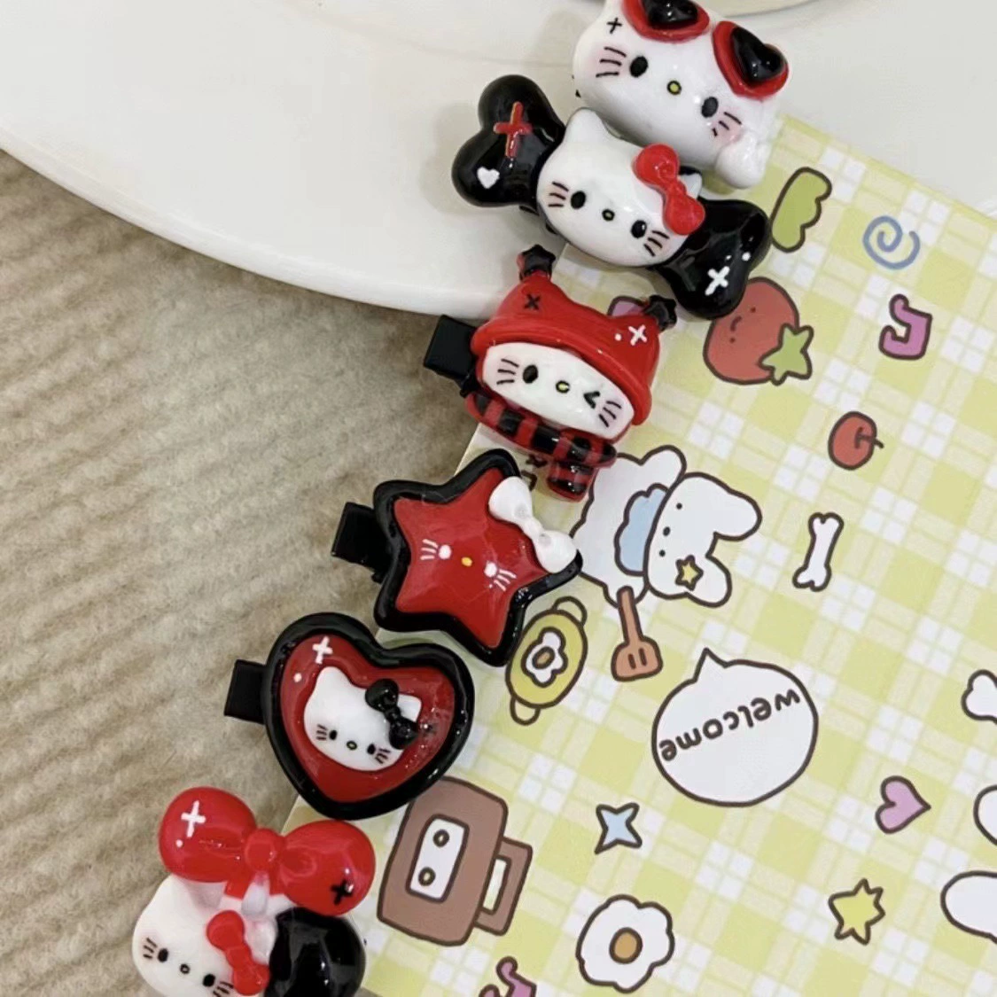 Набор аксессуаров для волос (Hello Kitty) — 10 штук милых японских мультяшных заколок, шпильки и резинки, розовый