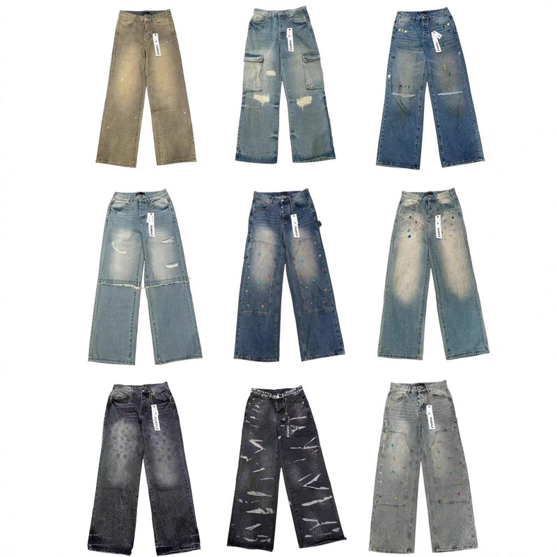Purple Brand Straight-Leg Micro-Elastic Jeans Retro Distressed Splash-Ink Ripped Denim Pants