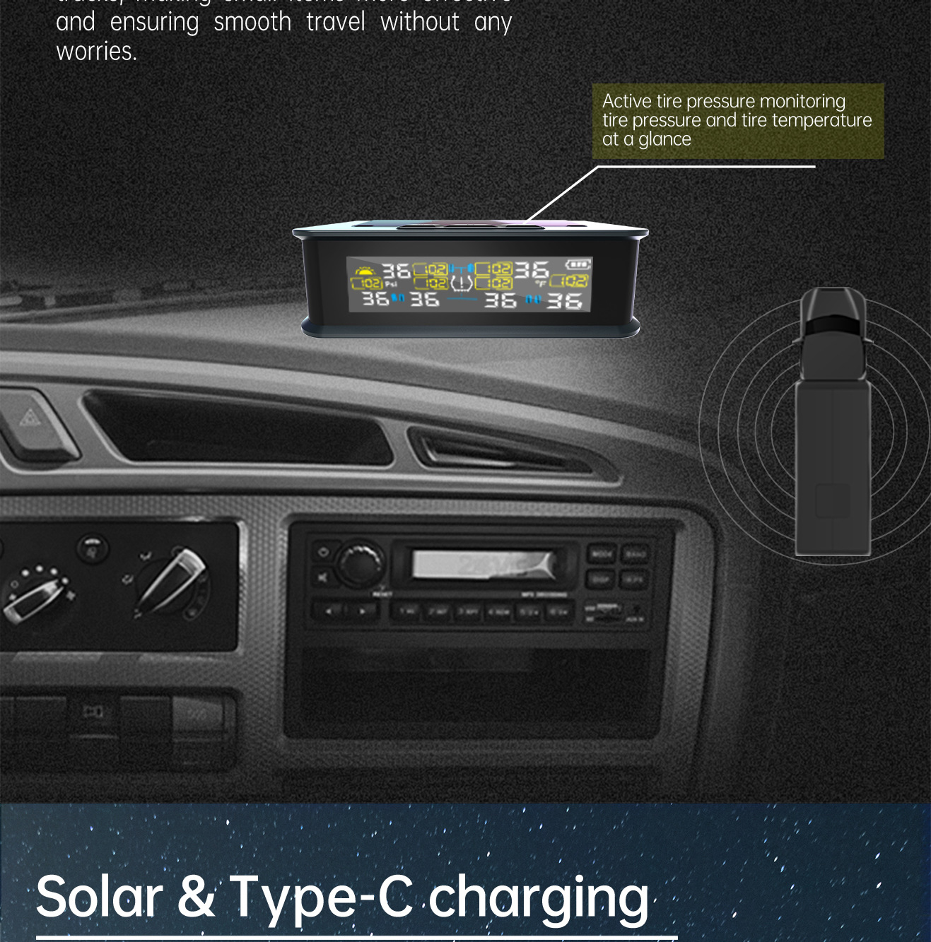 T15-6 Tire Pressure Monitor Solar-Powered Tire Pressure Monitoring System for Rvs and Cars