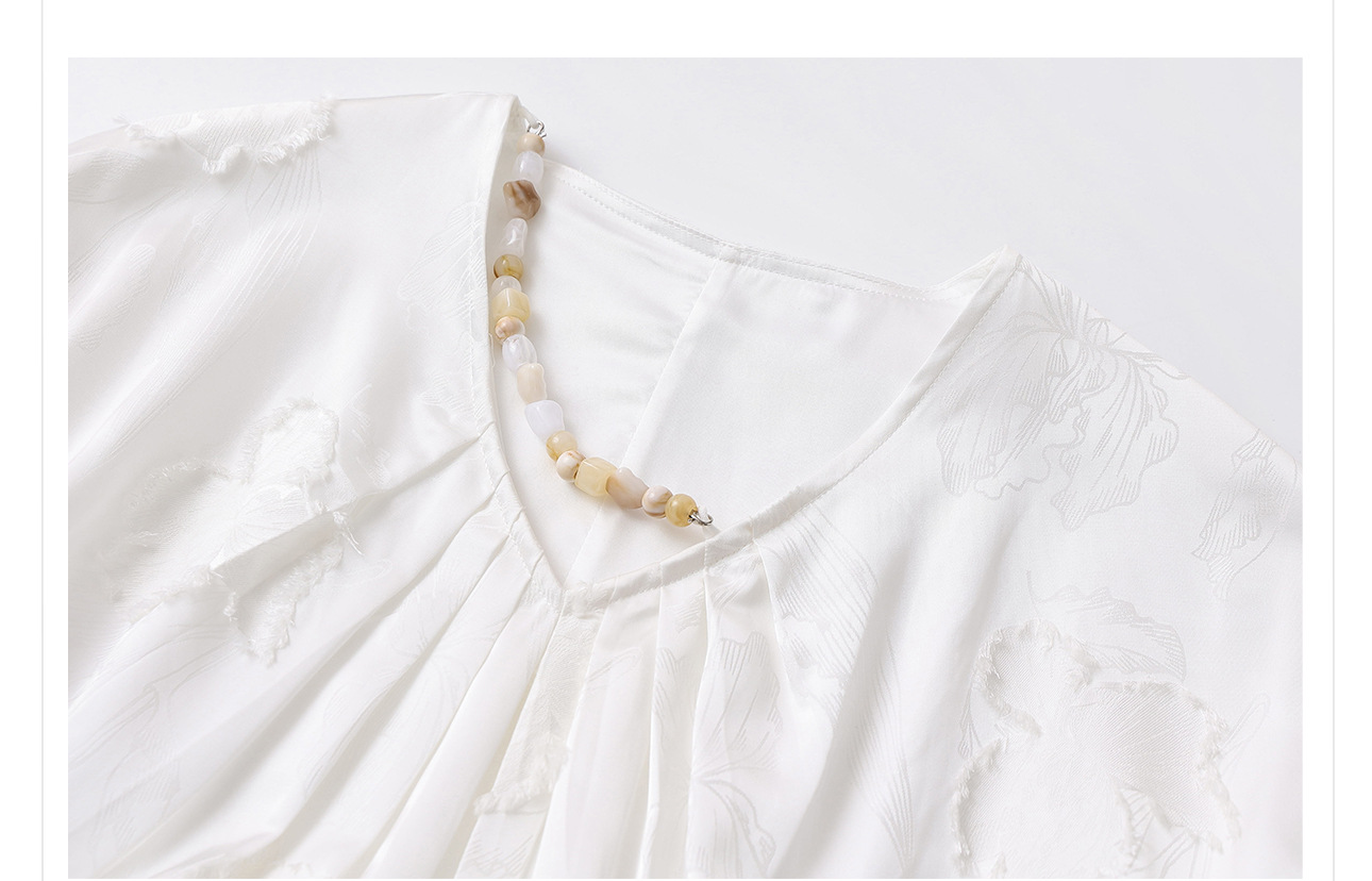 Váy maxi nữ phối hoa phong cách quốc gia cao cấp, chất rayon sang trọng, tay ngắn, thắt eo — Màu trắng, Màu mơ cà phê chi tiết 11