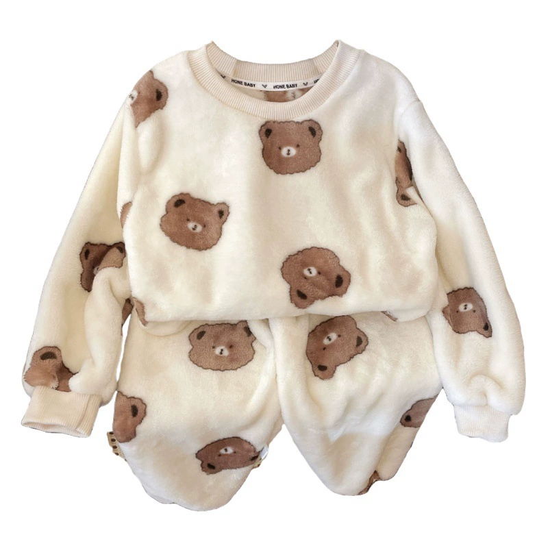 Детская фланелевая пижама набор осенней и зимней мужской и женской детей среднего возраста тепло и толстый бархат осенняя одежда осенние брюки домашняя одежда