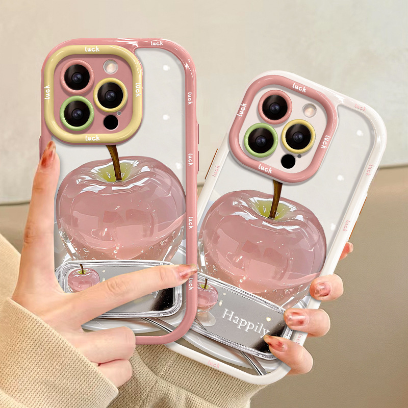 クリスタルアップルミラースタンド付きiPhone16ケース、13promaxフルカバー、14、15、17対応、透明|undefined