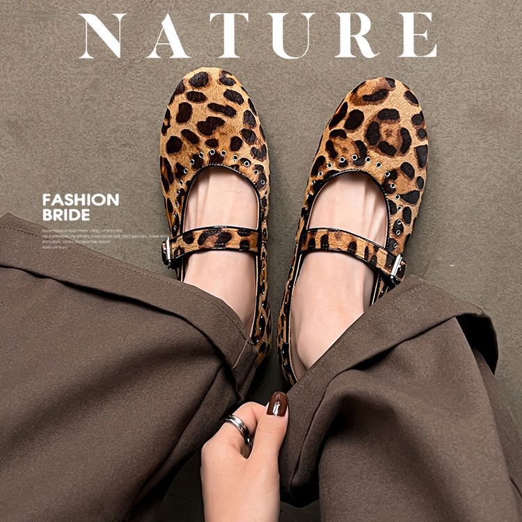 Sheepskin horsehair women's shoes ~ 4cm mid-heel retro leopard print Mary Jane shoes women's 2025 spring and autumn shallow mouth increased shoes