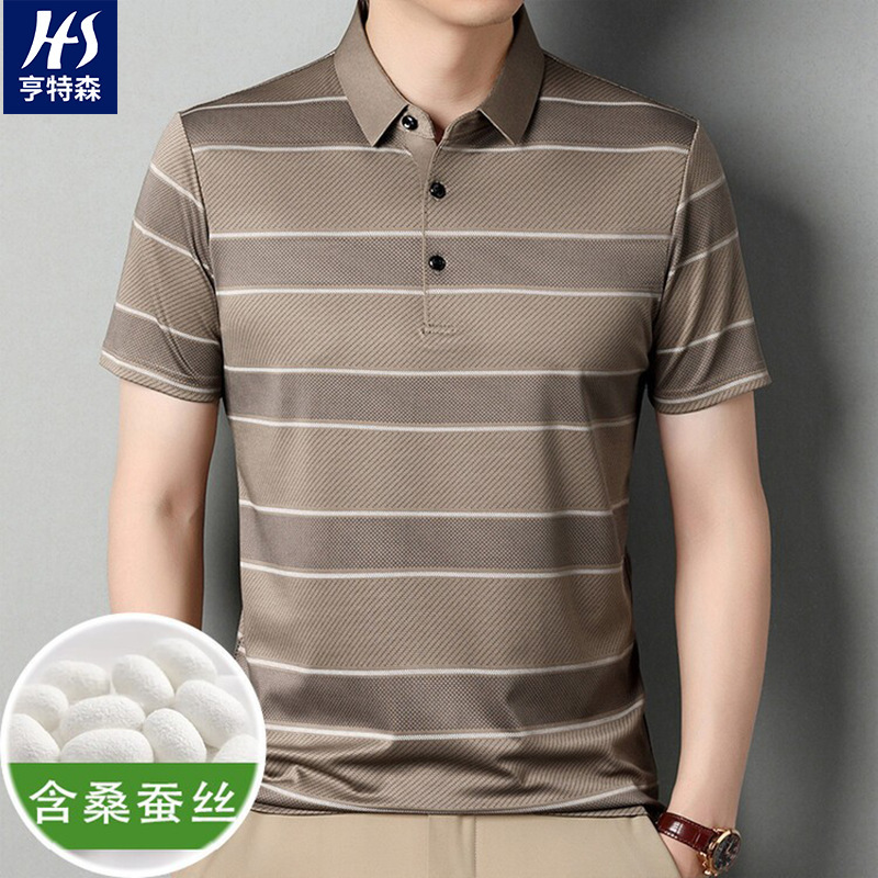 Mulberry Silk for Middle-aged Dad Summer Thin Casual Business Lap Short-sleeved Breathable Ice Silk Striped T-shirt for Men