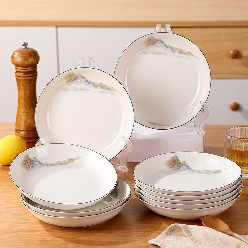 Platos de cerámica de 8 pulgadas con borde negro al por mayor, platos hondos, platos para arroz, platos redondos, platos para fruta, vajilla de cerámica, estilo nórdico.