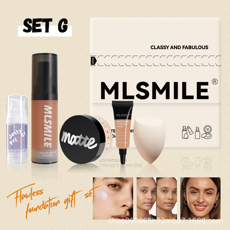 MLSMILE クロスボーダー専用フェイシャルセット マットルースパウダーリキッドファンデーション + メイクアッププライマー 無料ビューティーエッグファンデーションサンプル|undefined
