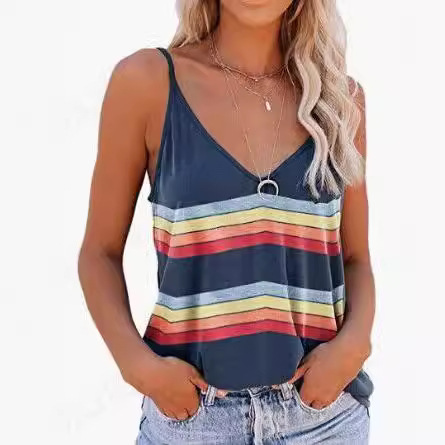 2023 European and American new cross-border European and American women's sexy sleeveless camisole V-neck striped printed T-shirt women's top