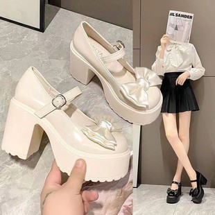 Thick-Soled Thick-Heeled Mary Jane Women's Shoes with Bows, Girly, Sweet and Cool Jk Small Leather Shoes for Women, Autum New Height-Increasing Shoes