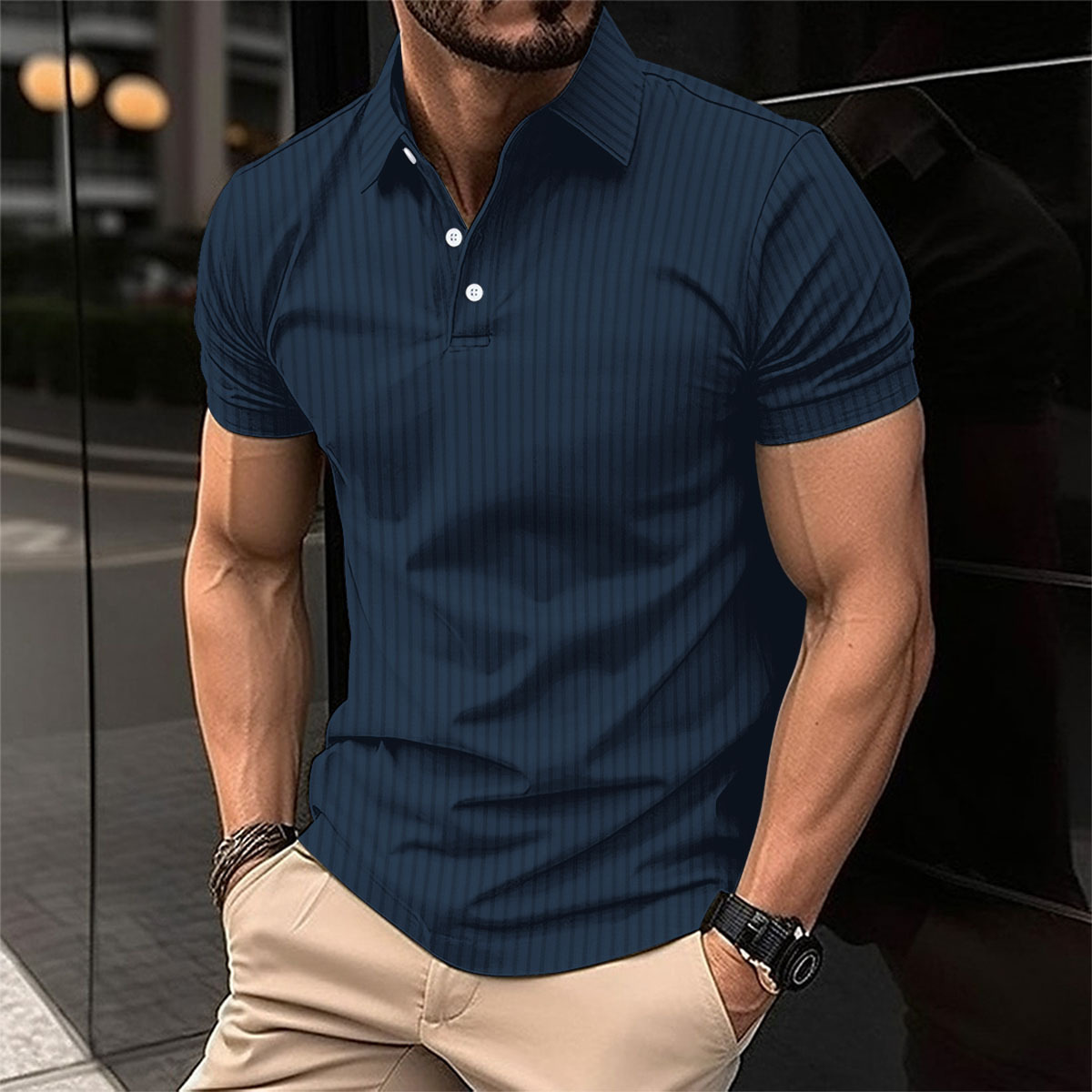 European And American Cross-Border Trade Wish Men's Summer Sports Fitness Casual Stretch Vertical Stripe Short Sleeve_voghion.com