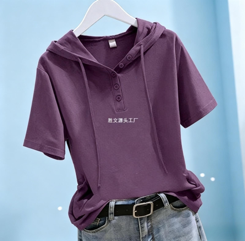 2026 New Fashion Button-Down Hooded Short-Sleeve T-Shirt for Women, Pure Cotton Summer Wear, Plus Size Versatile Slimming Top