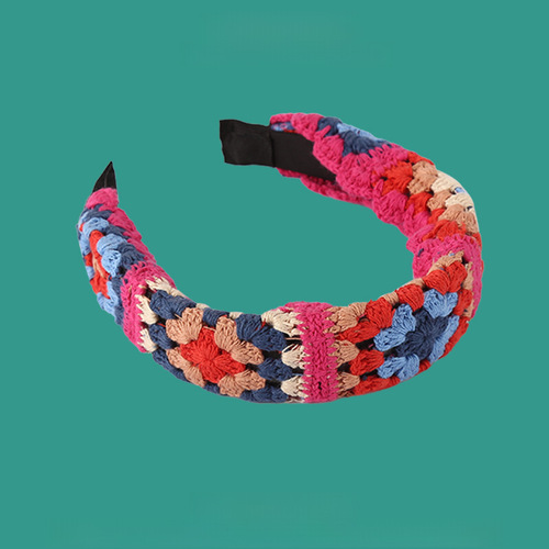 Vintage ethnic style handmade knitted headband, trendy version hair accessory, colorful pattern wide edge hair clip
