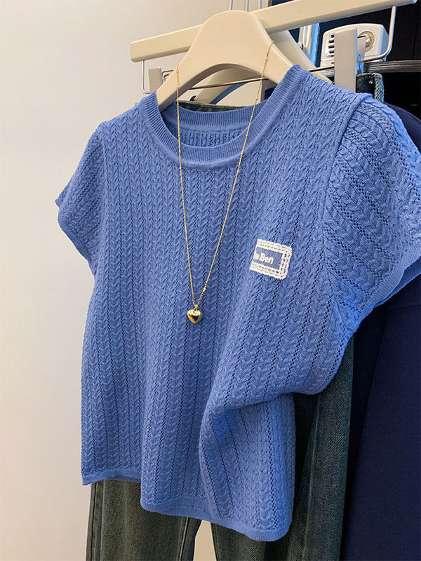 Gejia モールの同じスタイルの女性の 2025 夏ブルーアイスシルクニット半袖 Tシャツ多用途ラウンドネックショルダートップ|undefined