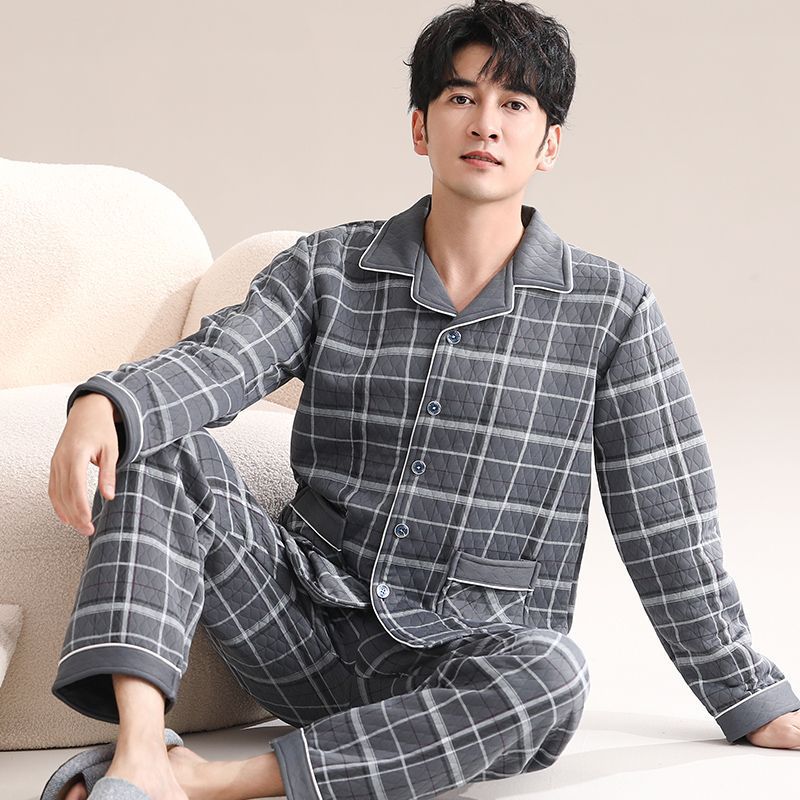 Algodón sándwich calentador hombre pijama otoño invierno engrosado de mediana edad manga larga aire algodón conjunto de ropa para el hogar