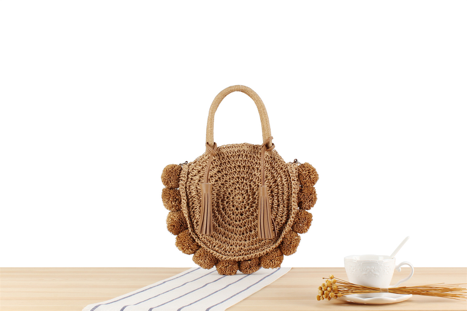Women's Medium Paper String Solid Color Vacation Beach Weave Round Zipper Straw Bag display picture 3