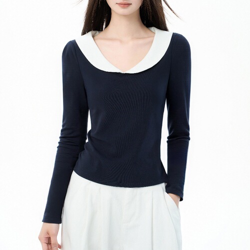 Navy blue doll-neck long-sleeve top autumn slim upright shoulder large neckline T-shirt with base inside