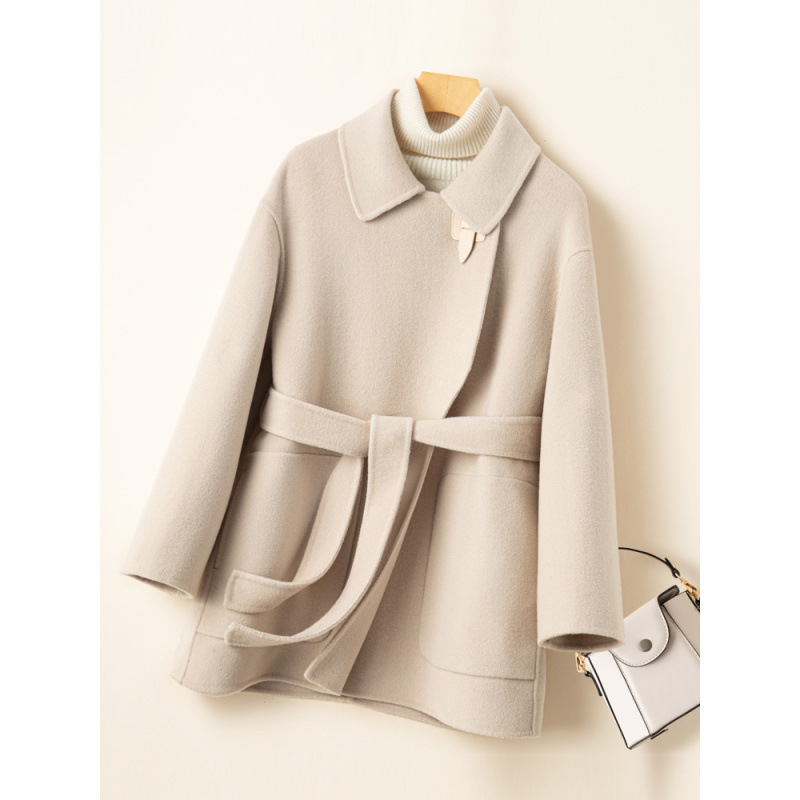 Autumn and Winter Double-sided Wool Woolen Coat Women's Petite Fashionable Long-sleeved Coat Belt Leather Buckle Short