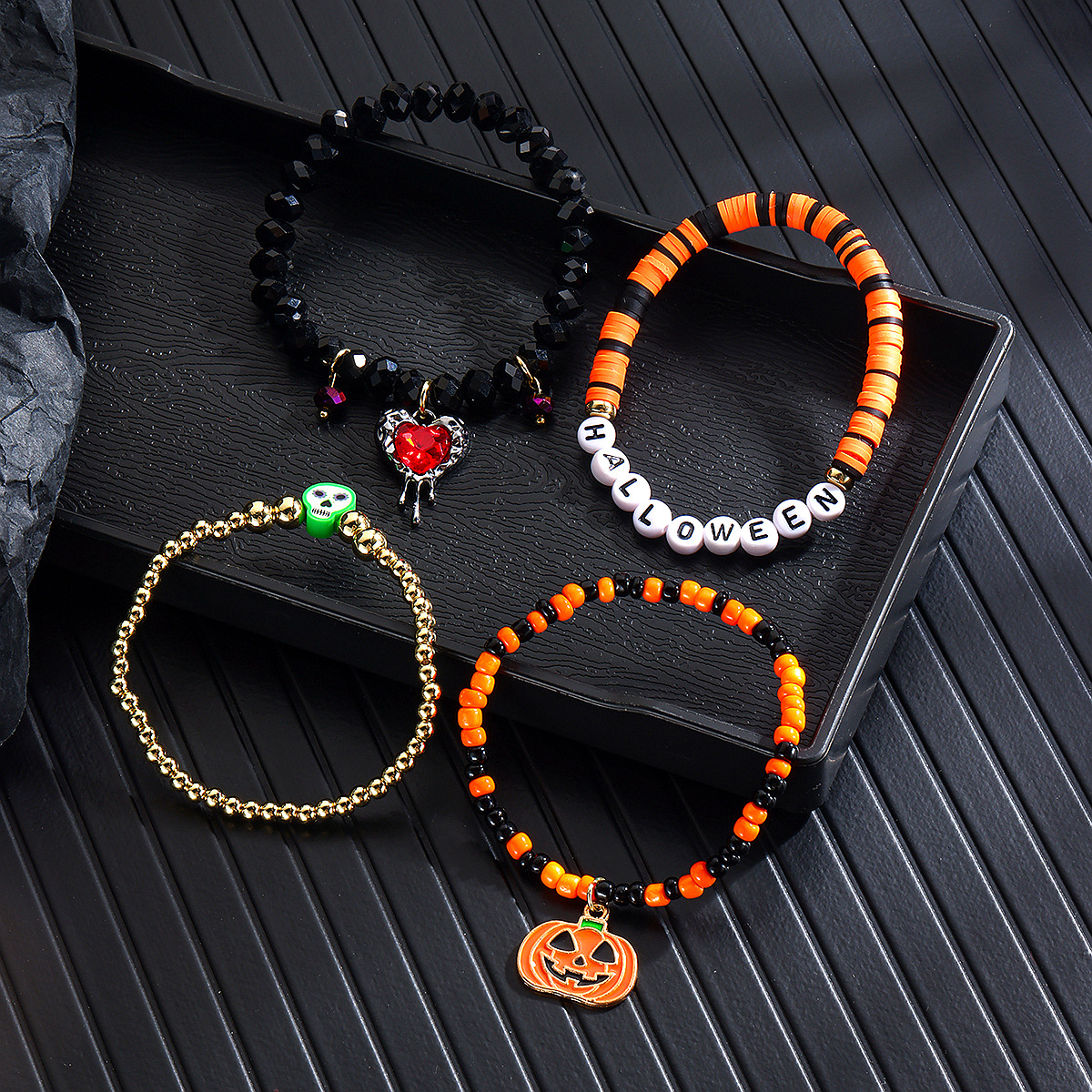 bracelet set hot selling rice beads orange pumpkin skull pendant Halloween bracelet_voghion.com