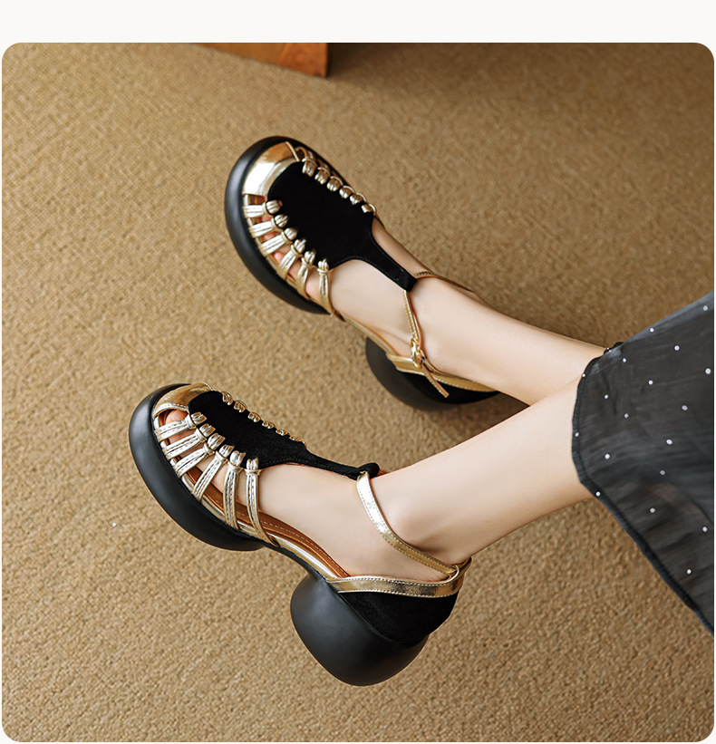 Sandal nữ quai ngang dệt mảnh da lộn, gót vuông ổn định, đế dày ghép màu — Màu đen chi tiết 15