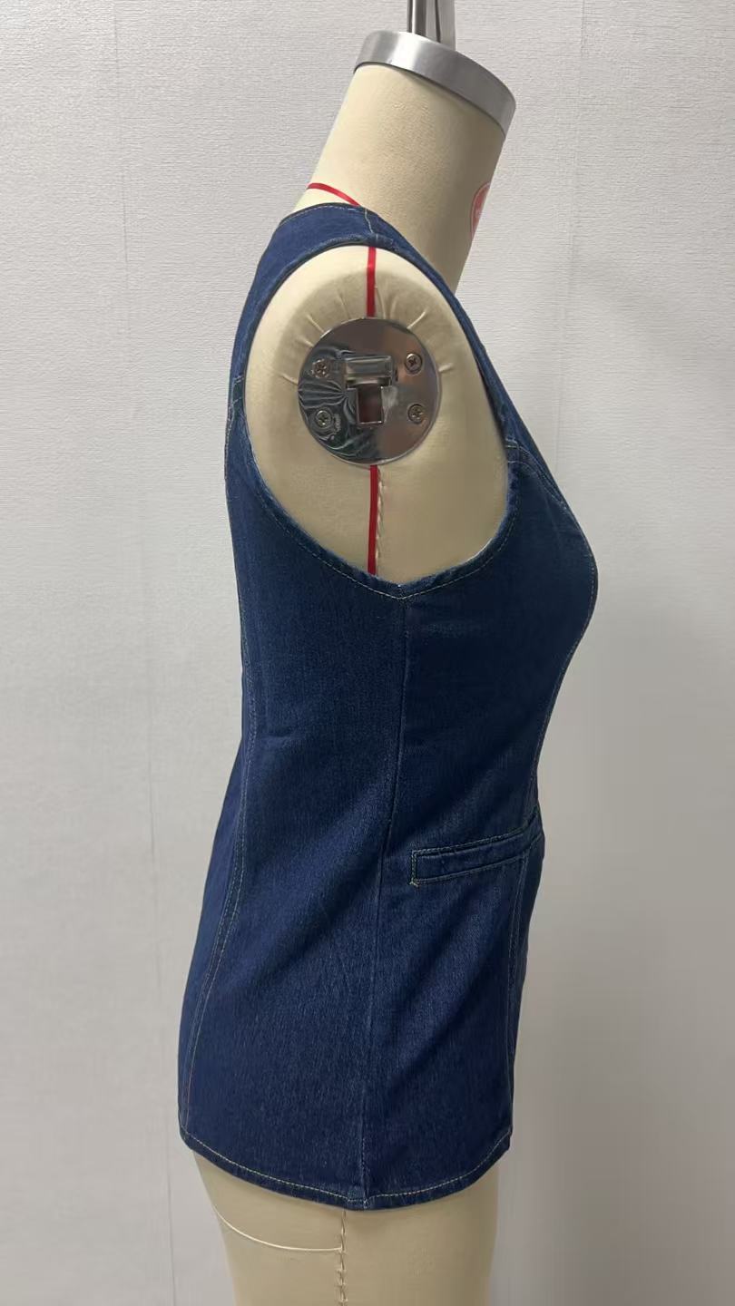 262g Weight Sleeveless Sleeve Length Single Breasted Placket Type Polyester, Denim Fabric Type Regular Top Length Vest Tops Type Holiday, Travel, Daily Occasion Round Neck Neckline Slim Fit Type Solid Color Pattern Summer Season Women's Gender Streetwear Style Wholesale Women's Streetwear Solid Color Sleeveless Tank Tops 3