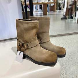 牛皮版~真皮磨砂复古擦色炸街西部牛仔靴女厚底套筒显瘦短筒女靴