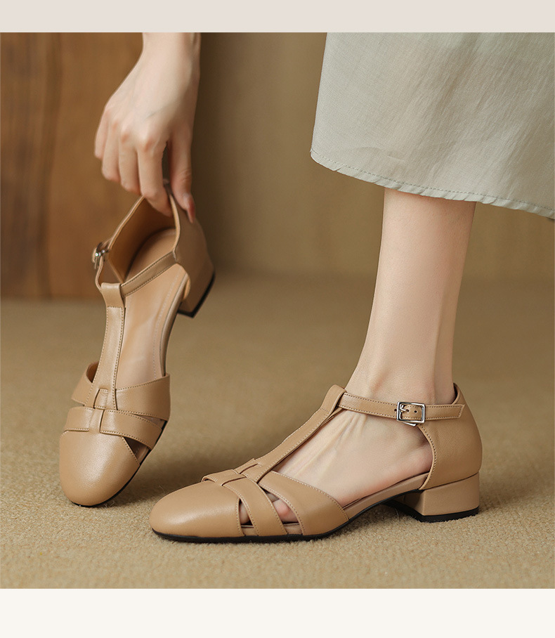 Sandal nữ bít mũi khóa chữ T phong cách La Mã cổ điển, gót thấp — Màu trắng be chi tiết 9