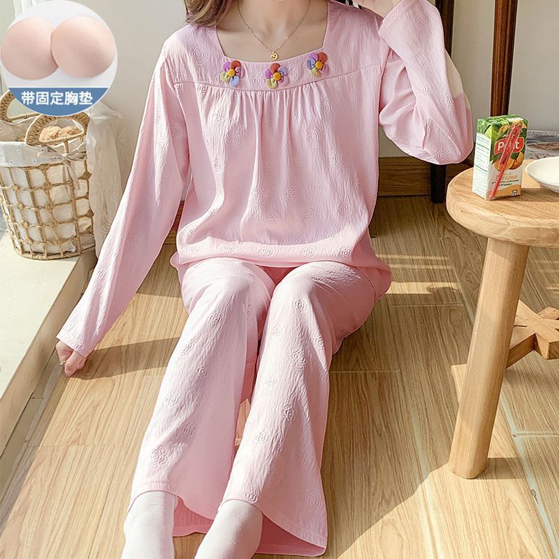 Nube de algodón pijama de mujer primavera y otoño 2025 nuevo con cojín de pecho conjunto de mangas largas dulce ropa doméstica de mujer se puede usar fuera