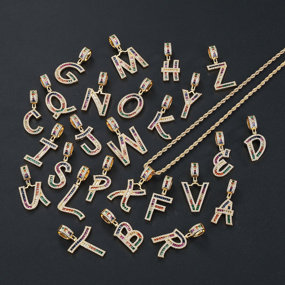 Hip Hop Color Zircon 26 English Letter Copper Necklace