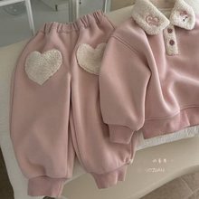 女童新品2025深秋冬童装粉色爱心加绒两件套冬款卫衣洋气休闲套装