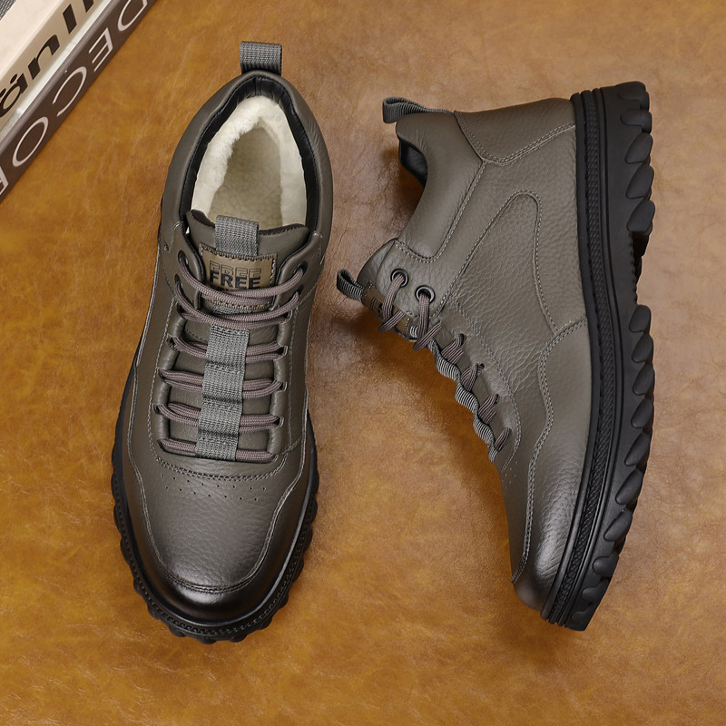 Capa superior de piel de vaca lana de invierno zapatos de algodón de hombre cuero más terciopelo calentamiento casual zapatos de hombre grosor botas de tamaño grande