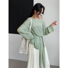那末 多穿法~纸片人宽松圆领防晒罩衫女微透绑带收腰长袖上衣6063