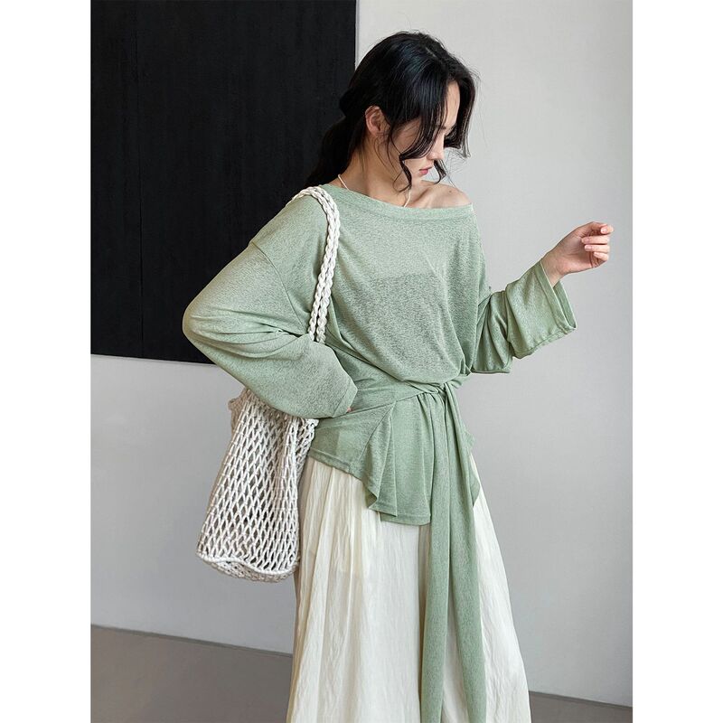 The End of the Wearing More~Paper Man Loose Round Neck Sunscreen Blouse Women's Slightly Transparent Strap Waist Long Sleeve Top 6063