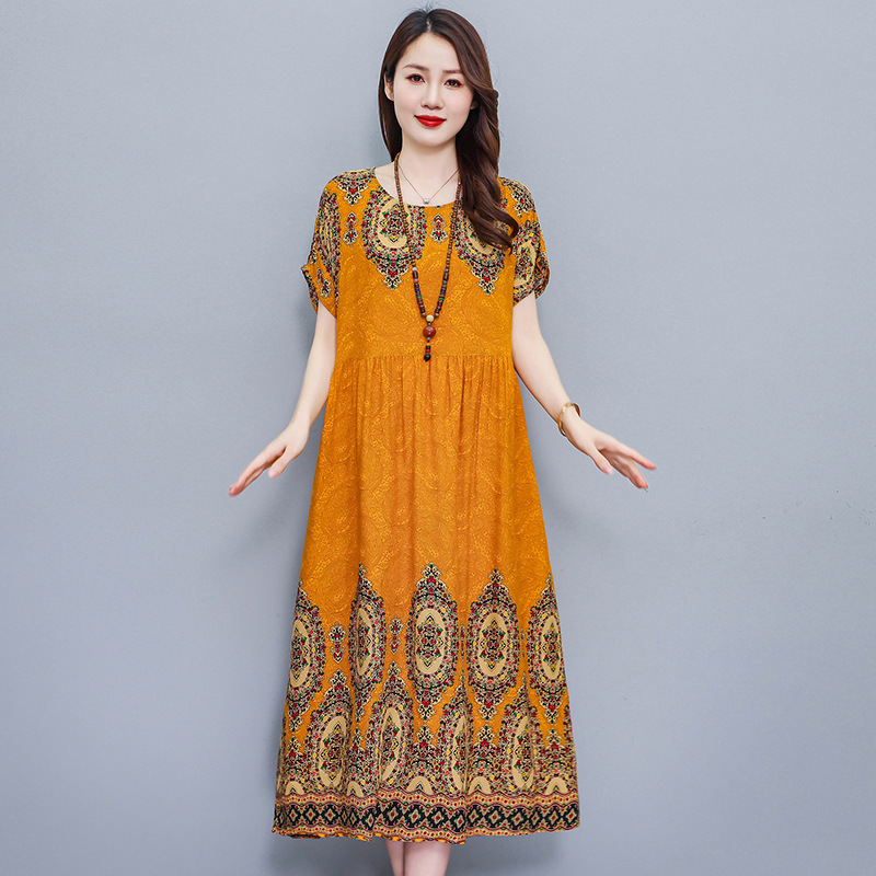 Middle-aged and Old Mother's Clothes Pure Cotton Silk dress Summer Thin Ethnic Style Home Clothes Pajamas plus size Women's Nightgown