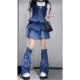 Y2g blue hot girl washed Denim leg cover women's summer Retro Pile socks drawstring design lace-up mid-calf socks