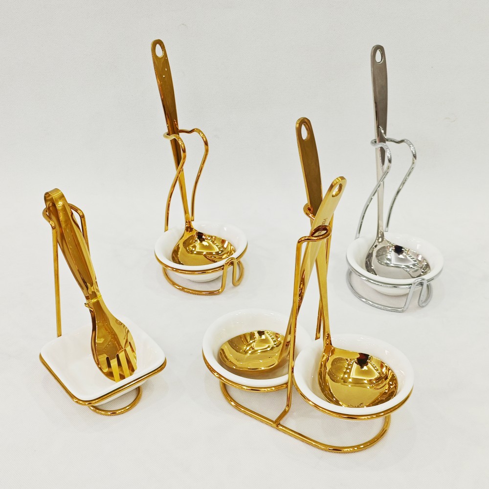 Estufa de autoservicio de acero inoxidable de alta calidad, juego de estante de cuchara de sopa, caja de sopa de olla caliente dorada, estante de cuchara de sopa, sets de spoon