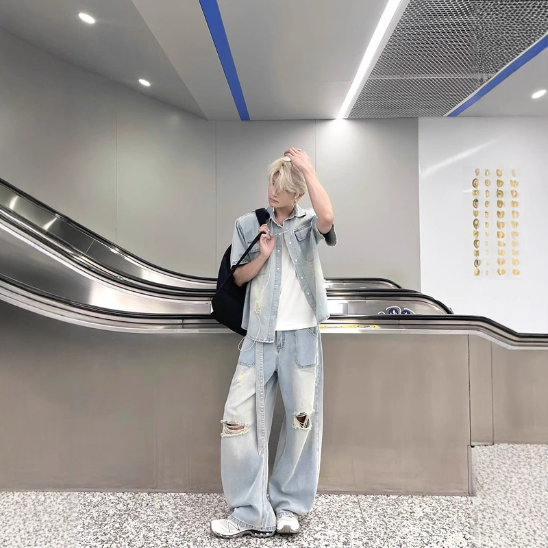 Light Blue Ripped Denim Shirt Suit Men's Design Handsome Straight Wide Leg Pants Summer Fashion Two-Piece Set