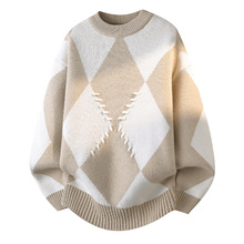 复古风毛衣男款秋冬季几何图案圆领针织衫男士保暖打底内搭毛线衣