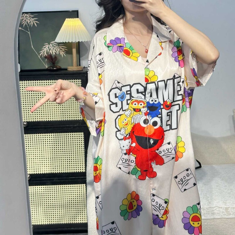 时尚大码卡通睡裙女冰雪丝睡衣夏季新款高级感中长款家居服可外穿|undefined