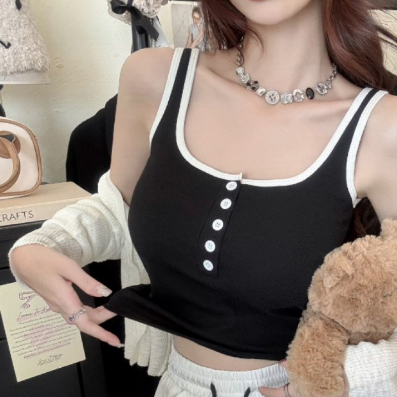韓国風ホットガールコントラストカラーボタンキャミソール、胸パッド付き、スリムな細いストラップ、美しい背中、胸を包み込むノースリーブトップ|undefined