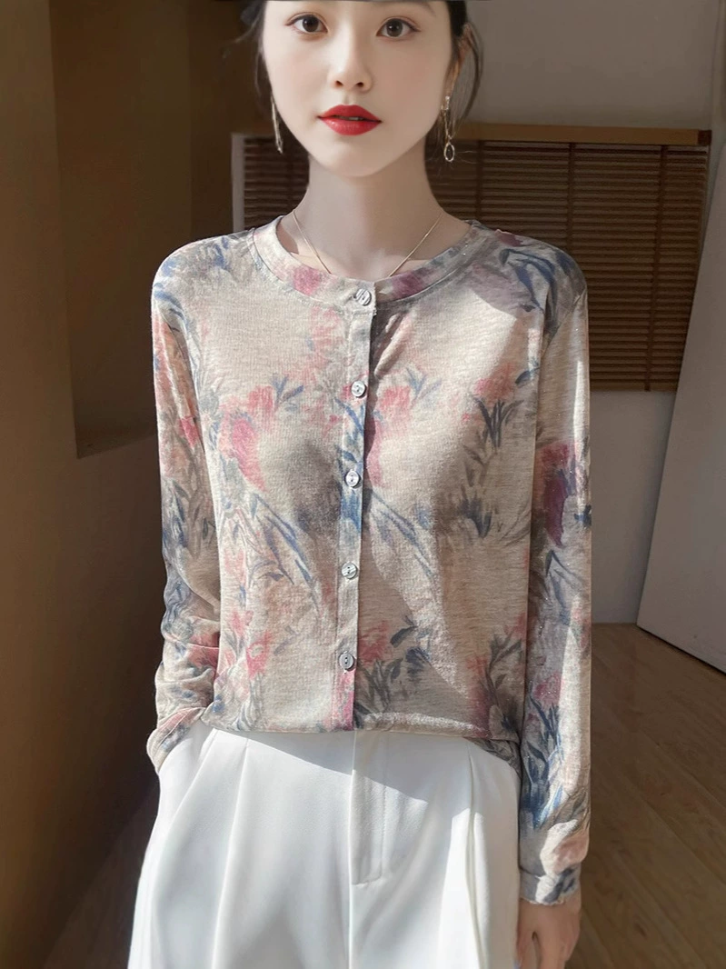 Чернила мелкий бархат с круглым вырезом с длинным рукавом Lesel Tennes Butterfly Prстоит цветочный принт свободный модный топ новый кардиган