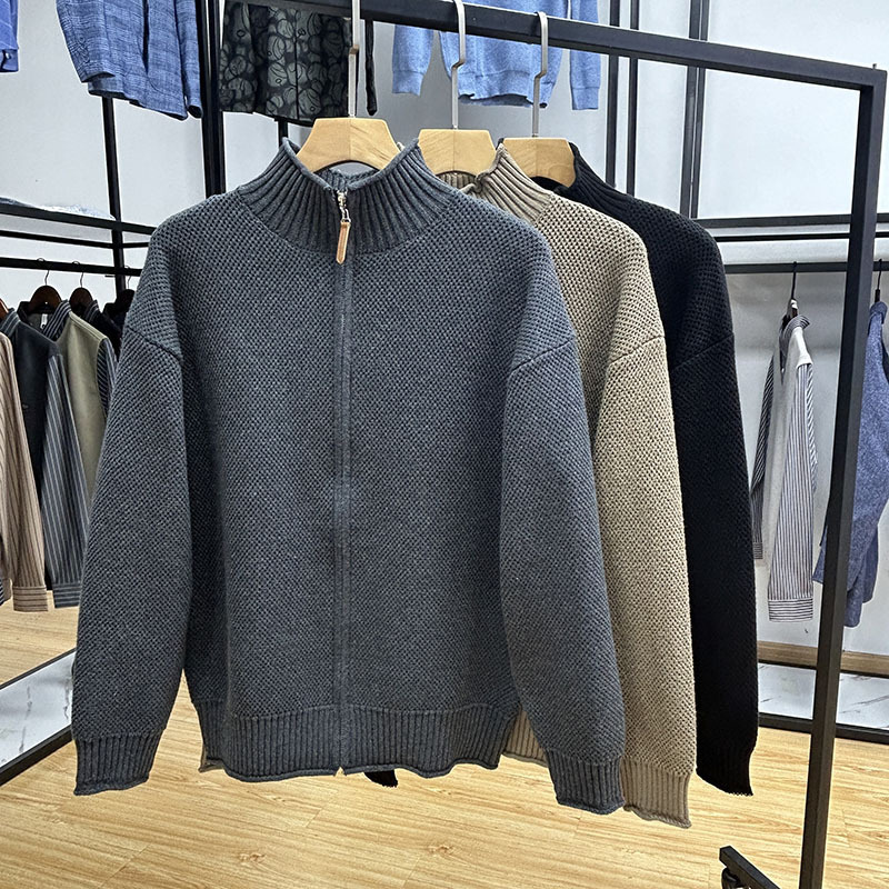 Foreign trade cut label men's clothing-thick casual half high collar zipper knitted cardigan spring slightly wide loose coat top