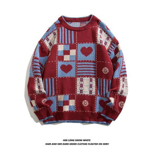 Japanese retro checkered heart crew neck sweater for men and women,ins loose student trendy brand couple lazy style knitwear