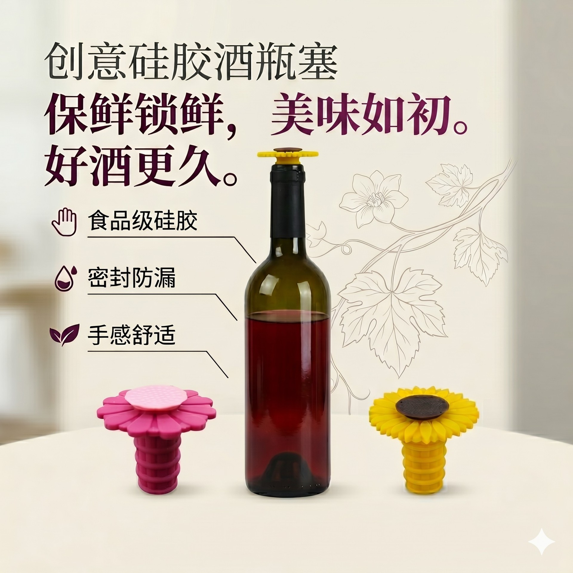 와인 병 마개 해바라기, Bauhinia 모양 식품 등급 실리콘 와인 병 커버 제조 업체 공급 환경 친화적이고 내구성