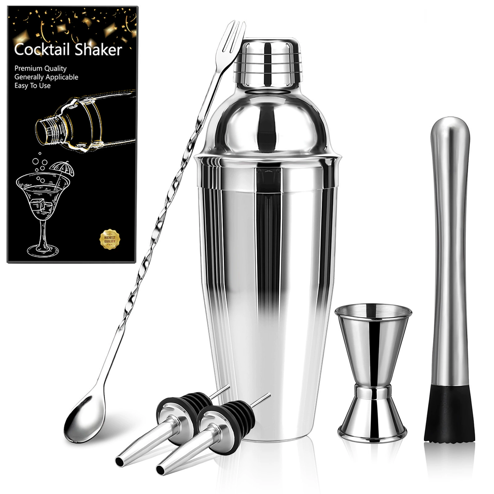 Шейкер для коктейлей из нержавеющей стали, набор из 6 предметов, набор инструментов для коктейльного бара, шейкер, полный набор шейкеров