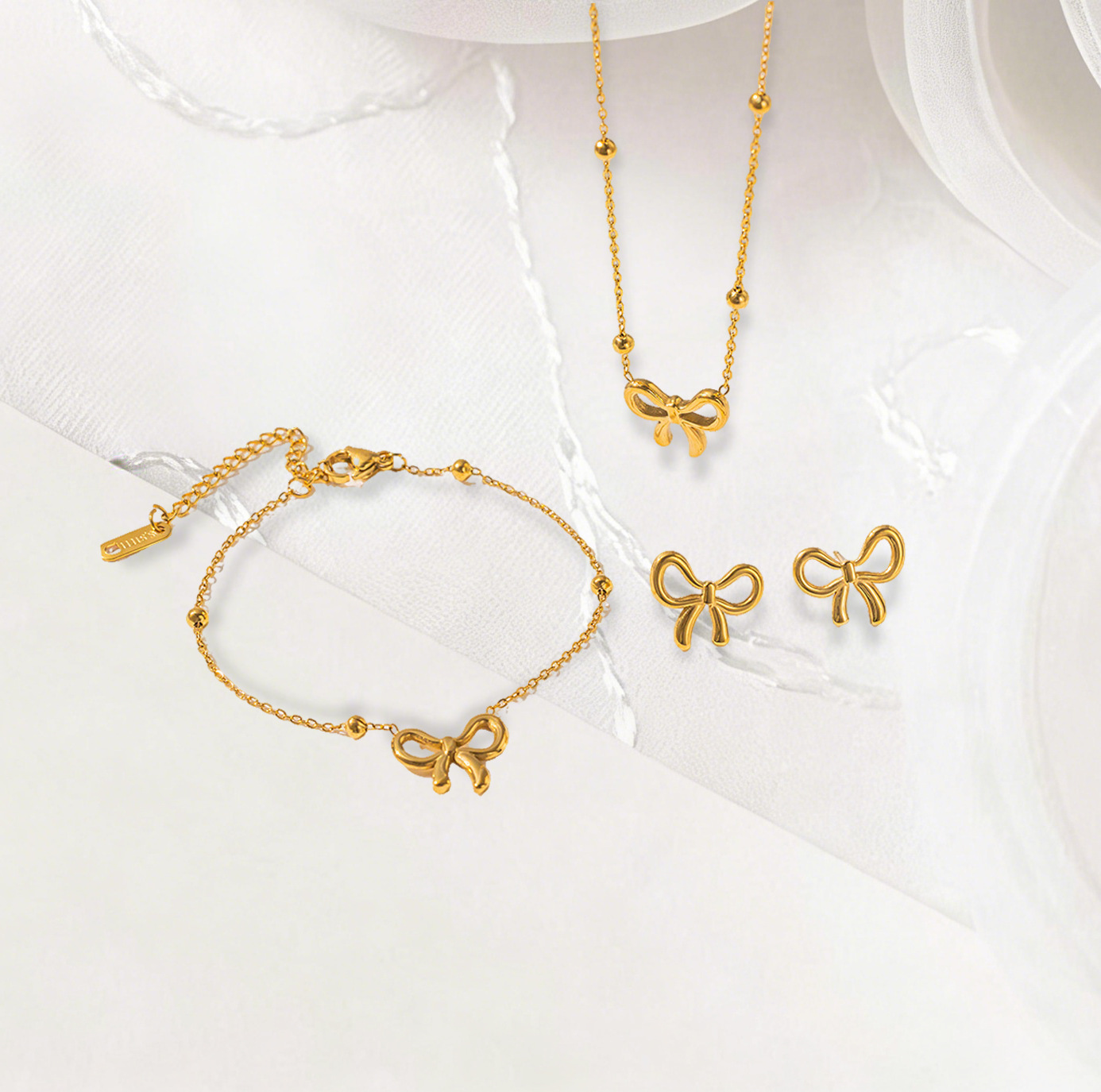 网红配饰简约百搭轻奢高级感锁骨链时尚蝴蝶结钛钢项链女耳环