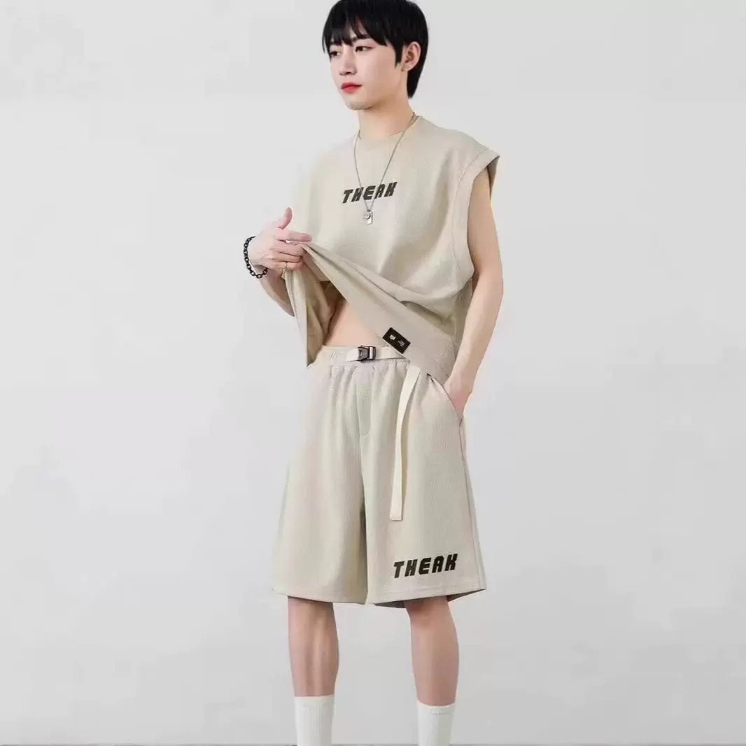 华夫格无袖背心运动套装男夏季潮流宽松t恤休闲五分短裤搭配一套