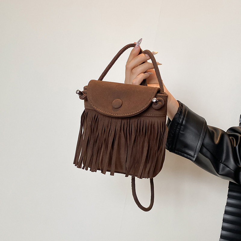 Niche Crossbody Bag Brown Denim Bag Tassel Bag Bohemian Western Women's Trendy Travel Ethnic Style Retro Soft