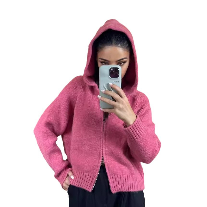 2024 otoño y invierno nueva Europa y América Amazon ropa de mujer transfronteriza con sombrero de color sólido corto de doble cremallera chaqueta cardigan de punto