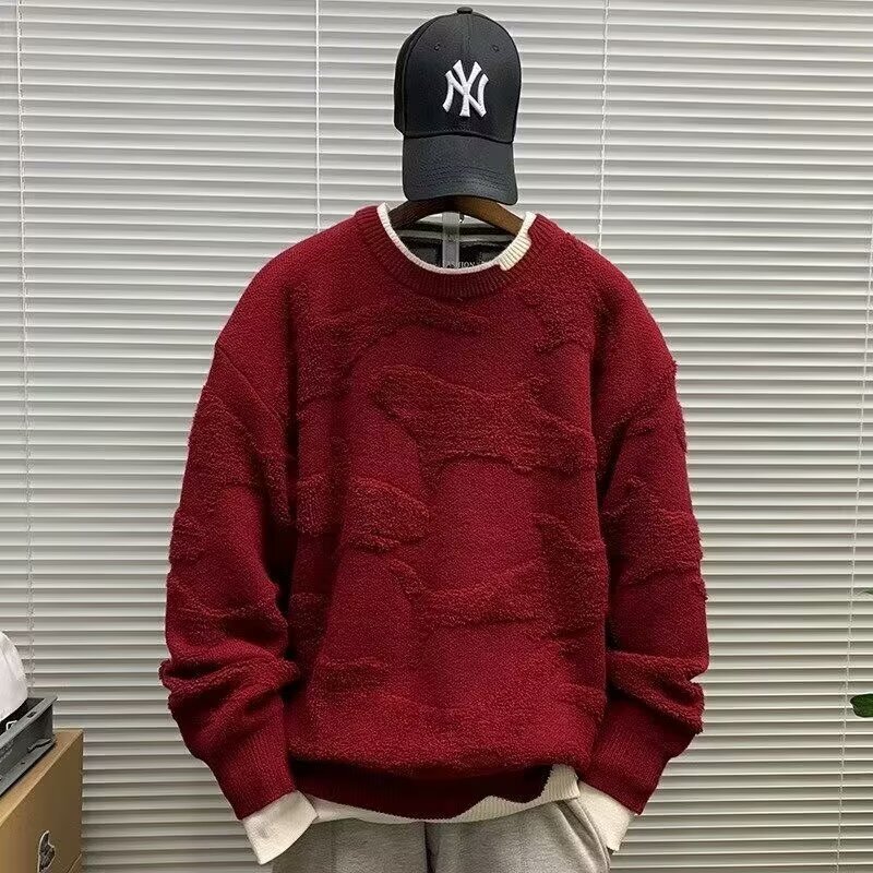 Crewneck Turtleneck Fake Two-piece Christmas Knitwear Sweater Men's Red Winter New Year Loose Fashion Brand Warm Sweater